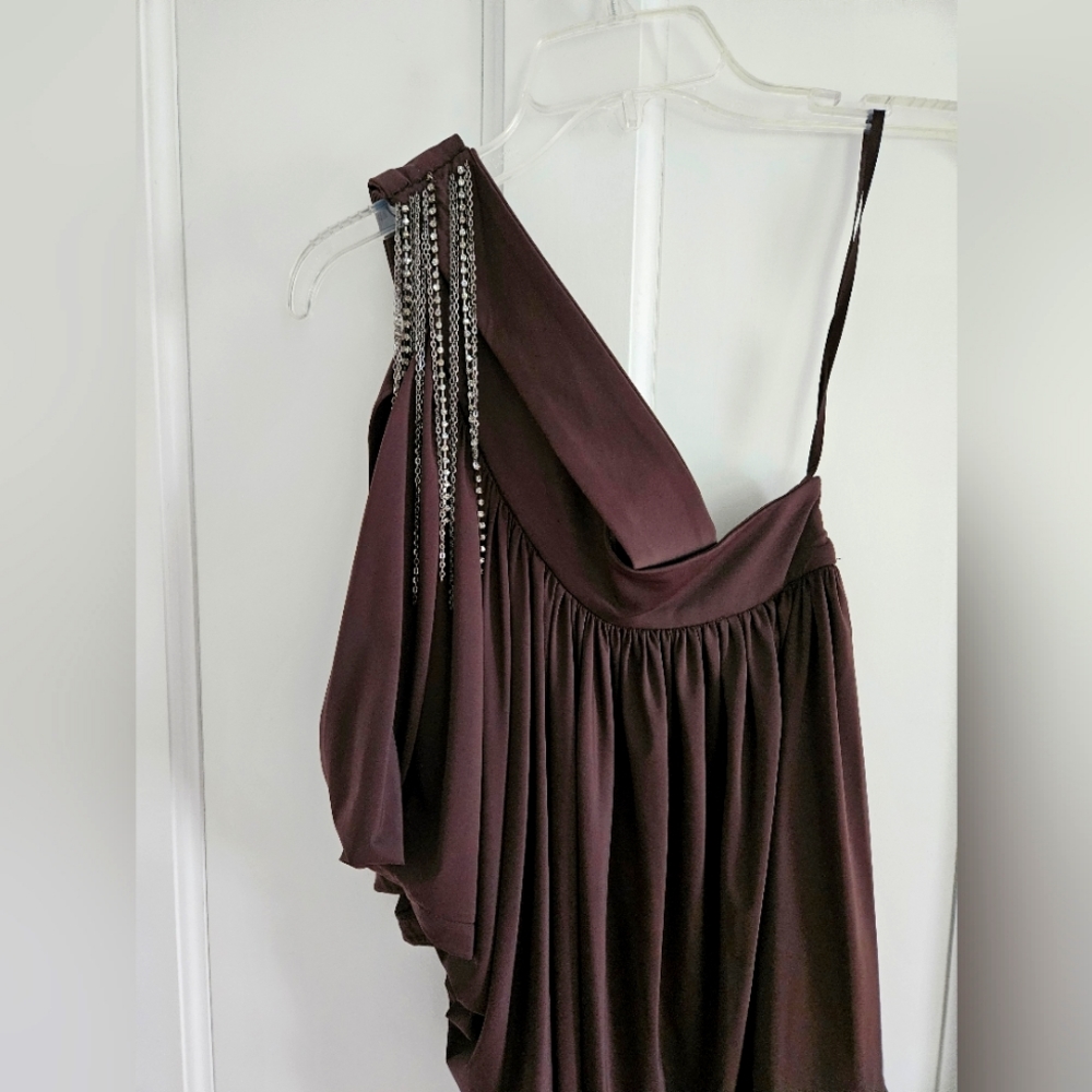 One shoulder brown dressy shirt. Sharon Couture size small.